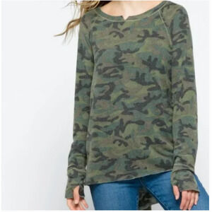 Michael Stars Women Medium Top Terra Brushed Knit Blouse Long Sleeve Camo‎ Green